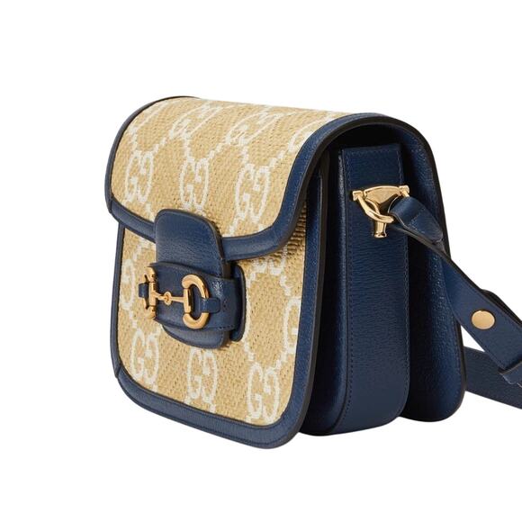 Gucci GG Raffia Calfskin Monogram Horsebit 1955 Mystic White Blue Agata NWT - Picture 5 of 11